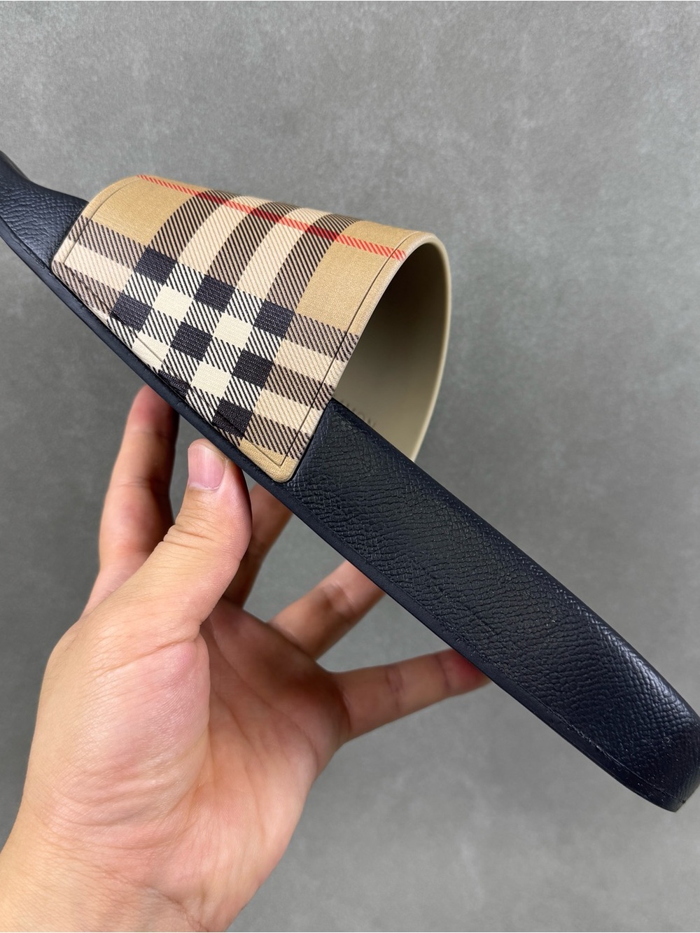 Burberry Black Slide Sandal with Beige Vintage Check Strap - Picture 3 of 5